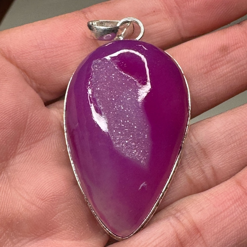 Pink Botswana And Aura Druzy. 925 Silver Plated Pendant 2.2"